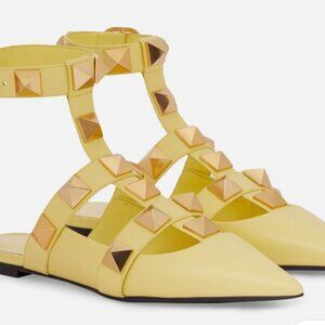 Roman studs ankle strap ponted toe yellow leather  flats sandals